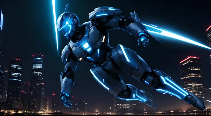 man wearing a robot suit with sophisticated equipment, and blue glows surrounding them, flying up to kick a person, the night sky with city lights in the background creating a dramatic atmosphere