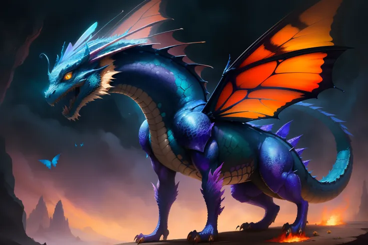 a caldera dragon 🐉 that looks like a butterfly 🦋, in the style of Android Jones, WLOP, and Artgerm, fantasycore, figurative, 32K UHD, trending on deviantart