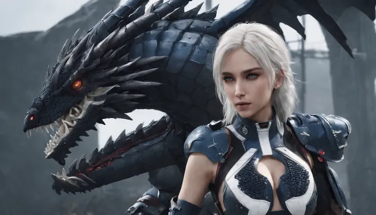 Cirilla Fiona Elen Riannon，Highest image quality，Outstanding details，超高分辨率，（Fidelity：1.4）, Favor the details，closeup cleavage，Ride a dragon，High-tech dragon knight mech，He has a delicate and beautiful face，（（Blue-white flying semi-mechanical fuselage：1.8））...