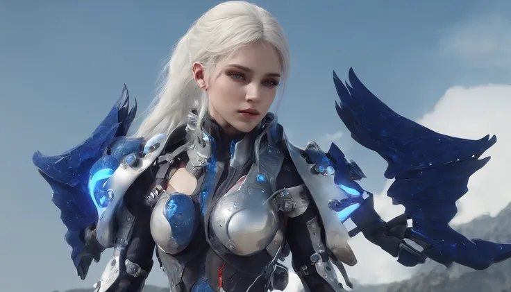 Cirilla Fiona Elen Riannon，Highest image quality，Outstanding details，超高分辨率，（Fidelity：1.4）, Favor the details，closeup cleavage，Ride a dragon，High-tech dragon knight mech，He has a delicate and beautiful face，（（Blue-white flying semi-mechanical fuselage：1.8））...