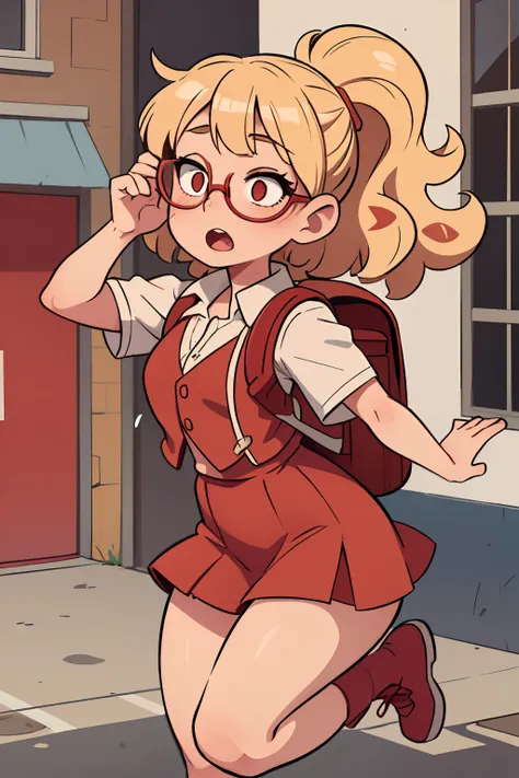 a girl with blonde hair, curly bangs, covered eyes, eyeglasses, Shirt, opened mouth, red skirt, red vest, backpack, Runs, street