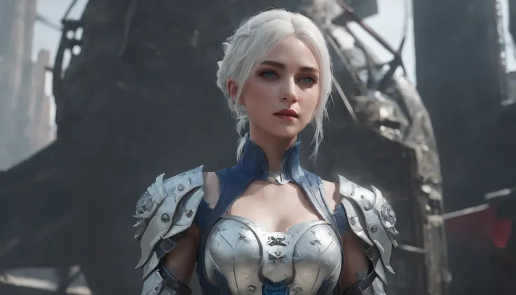 Cirilla Fiona Elen Riannon，Highest image quality，Outstanding details，超高分辨率，（Fidelity：1.4）, Favor the details，closeup cleavage，Ride a dragon，High-tech dragon knight mech，He has a delicate and beautiful face，（（Blue-white flying semi-mechanical fuselage：1.8））...