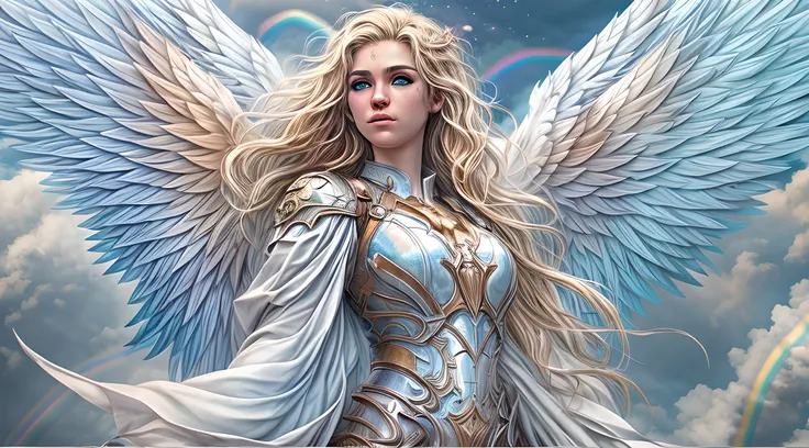 high details, best quality, 16k, [ultra detailed], masterpiece, best quality, dynamic angle, ultra wide shot, RAW, photorealistic, fantasy art, realistic art, a picture of an archangel flying in a the sky between the clouds, fantasy art, RPG art, a full di...