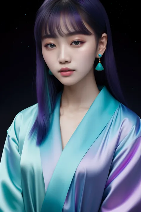 Korean female portrait of a fashion model. Scene with the surface of the moon, dark grayish-blue background. Light, Holographic colors, fluttering around the model: Turquoise, purple and light green. Photorealistic, Lens type: 85mm, f/8, 8K