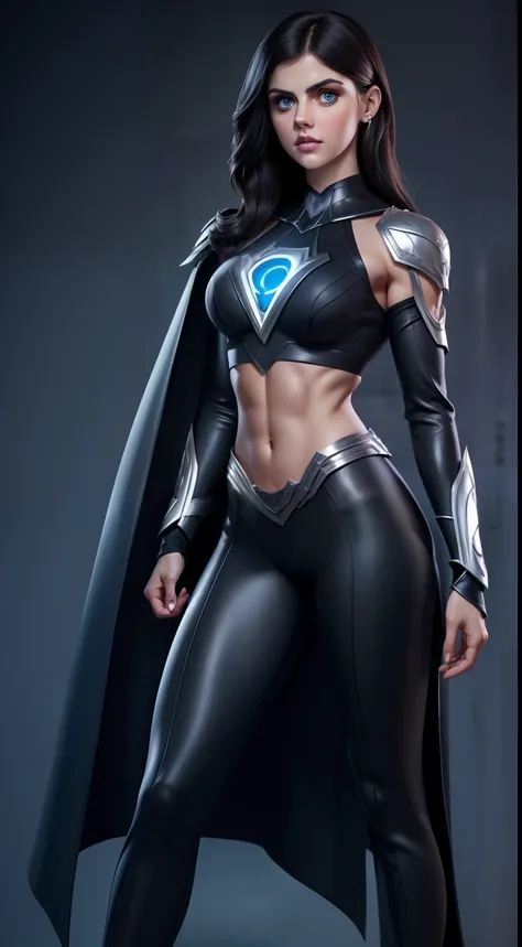 Sexy alexandra daddario as a superheroine shoulder length black hair glowing blue eyes wears a black outfit silver shoulder pads silver bracelets revealing abs midriff a Z symbol on her chest, and a cape portrait photography by artgerm, in the style of rea...