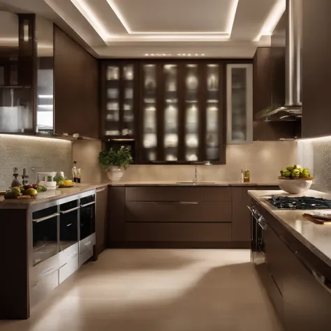 General ision.: The kitchen is a space that conveys modern elegance and functionality. It has been designed in shades of brown and beige to create a warm and contemporary atmosphere. Lighting and Atmosphere: Soft and diffuse lighting is provided by recesse...