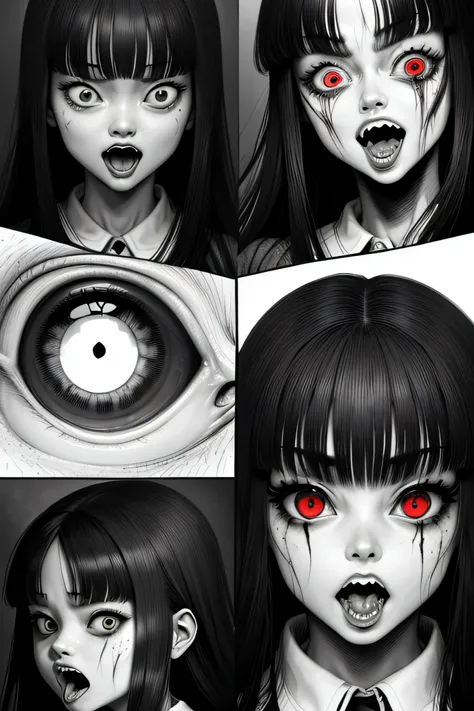 junji ito style, horror manga, black and white, one page manga style layout, no talking bubbles, yokai girl, super creepy, screaming gils who has a crazy eyes and huge mouth and super long black hair, grotesque, disgusting, bloody, terrifying, dynamic mang...