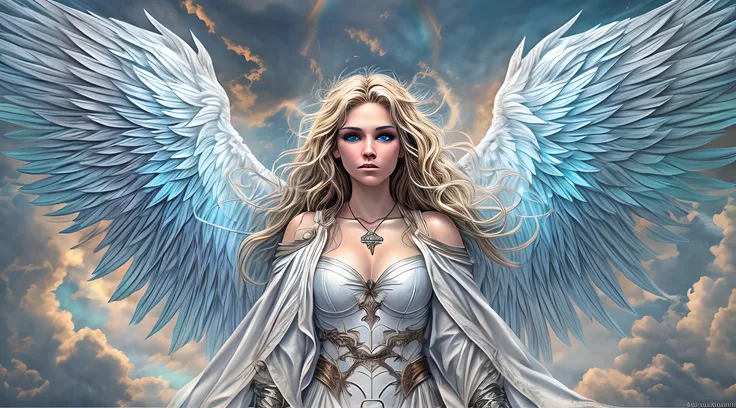 high details, best quality, 16k, [ultra detailed], masterpiece, best quality, dynamic angle, ultra wide shot, RAW, photorealistic, fantasy art, realistic art, a picture of an archangel flying in a the sky between the clouds, fantasy art, RPG art, a full di...