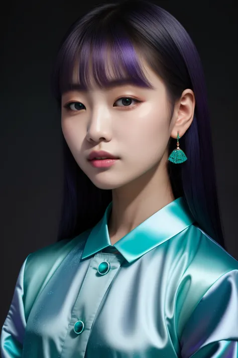 Korean female portrait of a fashion model. Scene with the surface of the moon, dark grayish-blue background. Light, Holographic colors, fluttering around the model: Turquoise, purple and light green. Photorealistic, Lens type: 85mm, f/8, 8K