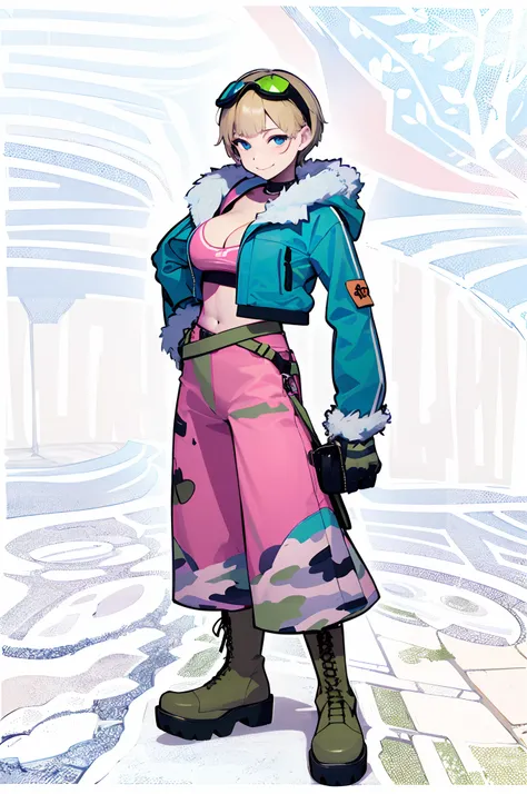 (Masterpiece, complete body, Best quality, good anatomy, 4k), 1 girl, solo, blue eyes, blond short hair, sexy smile, blue googles in her head, blue jacket, pink camouflage top, pink camouflage pants, brown platform boots, grey floor, city colorful, day