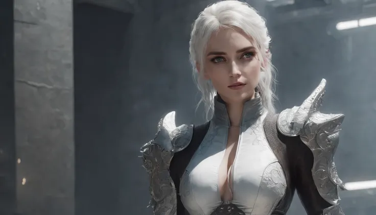 Cirilla Fiona Elen Riannon，Highest image quality，Outstanding details，超高分辨率，（Fidelity：1.4）, Favor the details，closeup cleavage，Ride a dragon，High-tech dragon knight mech，He has a delicate and beautiful face，（（Blue-white flying semi-mechanical fuselage：1.8））...