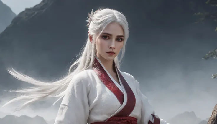 Cirilla Fiona Elen Riannon，动态照明，art  stations，poster for，Volumetriclighting，Very detailed faces，4k wallpapers，He has a delicate and beautiful face，long hair flowing，horse tailed，Fringed Hair Ornament，Dynamic perspective，White Hanfu，White gauze flying，red w...