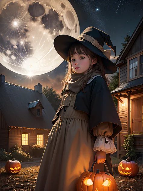 ((masterpiece)),((best quality)),((high detial)),((realistic,))
a scarecrow in front of an old house inside a cornfield in the countryside and Halloween pumpkins with candles burning on them, night sky, glowing stars, full moon, in the style of Photo real,...