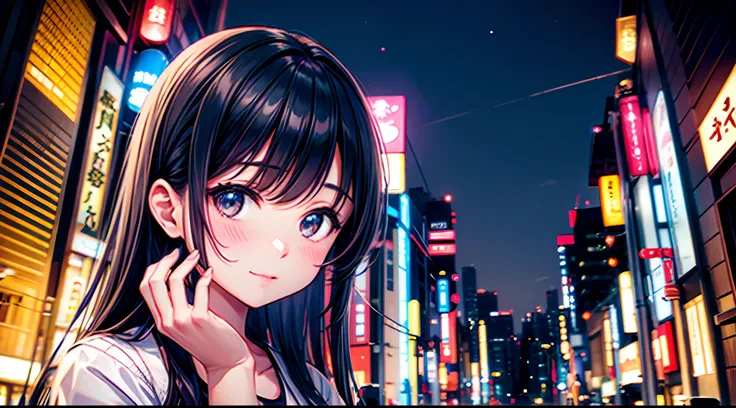 beautiful girl looking at us in Tokyo city night time, not showing hands, uplcose face only