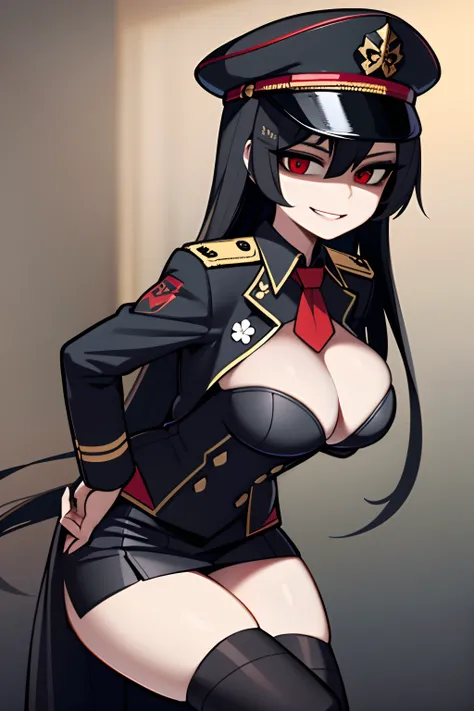 m((Masterpiece, Best Quality)), (1girl), (独奏), (female focus), Female officer of the Gothic army, Black leather German uniform, in an army leather hat, Strong make-up, large breasts, Tall woman, black hair, red eyes, Horns, deep-shadows, constricted pupils...