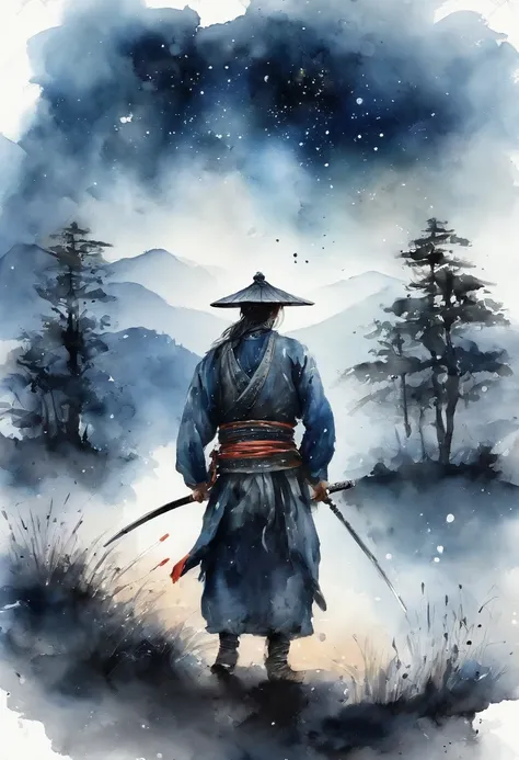 Lone samurai with katana, Starry skies and mist shroud the landscape.