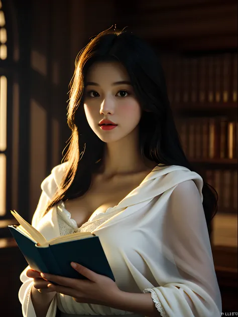 tmasterpiece， best qualtiy， hyper realisitc， Cinematic lighting effects，libraryai， Extremely beautiful young lady reading，Bust photo, Light makeup，big breast， Anatomically correct，Medium shot, cloaks，ultra - detailed，