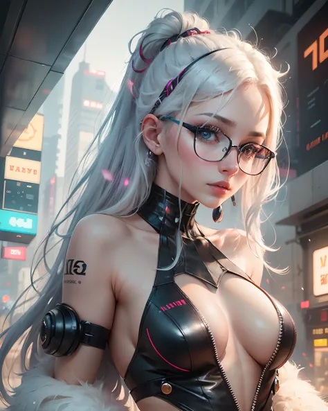 (masterpiece1:2, 4k, 8k, best quality, highres), sexy female, white long hair, beautiful eyes, wearing glasses, cyberpunk style, vivid colors, sexy look, no doble face, no extra hands, no extra body parts image size 9:16 --auto --s2