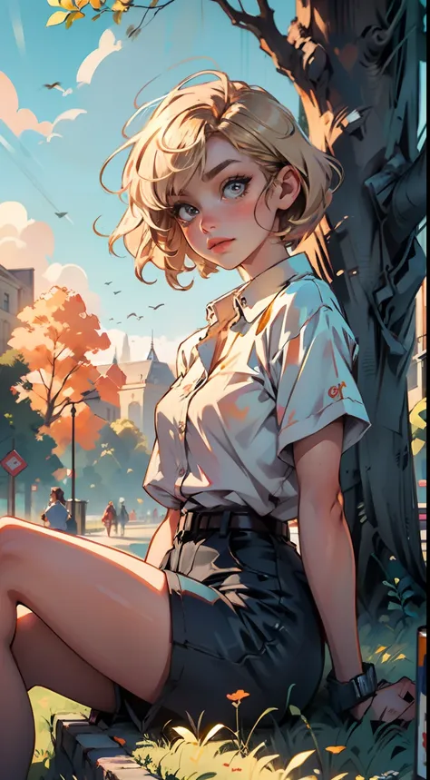 4K, high resolution, Best quality, Masterpiece, perfect, really orangy warm colors, perfectly shaded, Perfect lighting, posted on e621, ((greg capullo style)), masterpiece, digital paint, (close up, Cute girl, 20 years old, blond short hair, big cute eyes)...