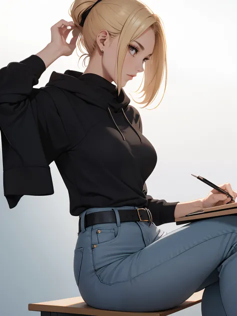 (Sitted) Female writing a letter on a desk library.  makeup, mascara, Lips are subdued or  colors, Minimalism, monotone, brunette with blond strands, simple color palettes, ponytail hairstyles, Clean, sharp designs, flowing silhouettes, loose pants, Tight ...