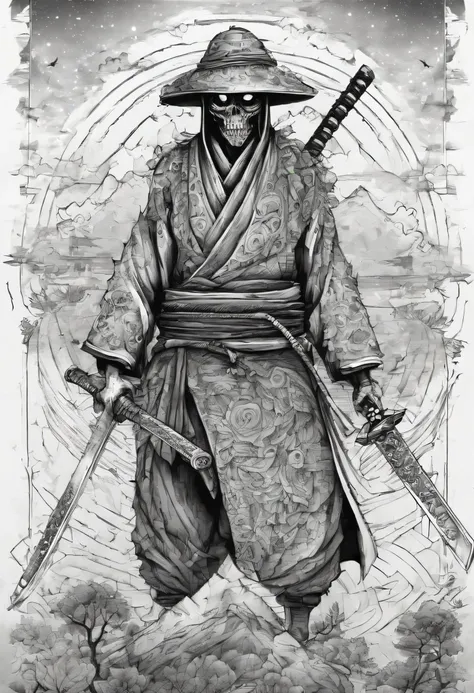 Draw zombie samurai holding a katana, Starry skies and mist shroud the landscape.