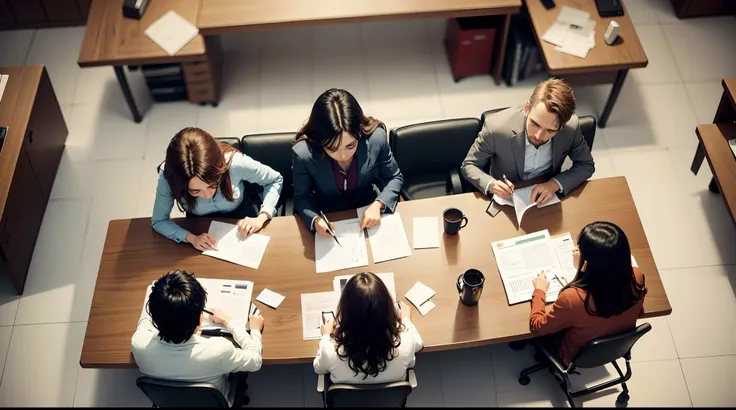 down view，group of people，Meeting，A large table，Office，keyboards，papers，book，pens，Computer，busy atmosphere，Clearly depicted，femele