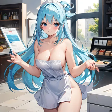 1girl, solo, aqua, long blue hair,(naked:1.3), (white apron), large breasts, cleavage, thighs, cafe background, (blushing:1.2), smiling,blue eyes