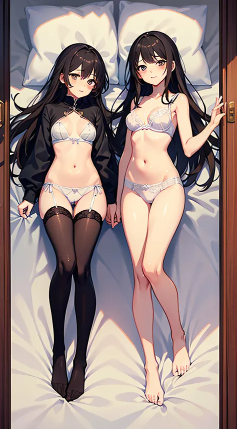 Full body of one schoolgirl、slender body shape、Slender lower body、slender legs、The toes are slightly open、Sleeping facing the front on a white bed、brown haired、Longhaire、blushing、Shy eyes、small tits、Underwear、Thigh-length black sheer stockings without shoe...