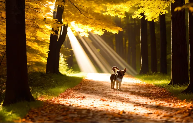 autumnal，A small dog on the way，Sunlight shines through the woods on a dirt road in the woods, rays of life, sunlight beams, sunlight beams, forest ray light, The Holy Light shines, holy light rays, rays of sunshine, shafts of light god rays, llight rays, ...