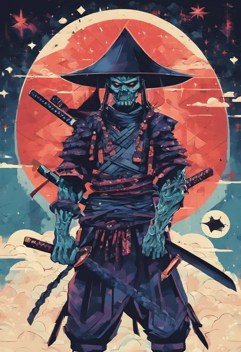 Painting of a zombie samurai holding a katana, Starry skies and mist shroud the landscape.