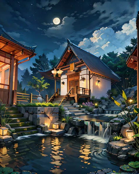 Ancient Chinese architecture, garden, bamboo, lake, stone bridge, rockery, arch, corner, rockery, tree, flowing water, landscape, outdoor, waterfall, meadow, rock, water lily, stream, lotus, moon, night view, hot springs, water vapor, (illustration: 1.0), ...