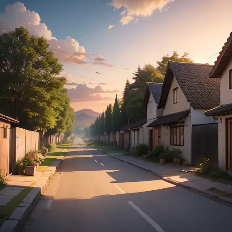 A street of village with grass and trees and tube well with sunset , and birds flying in sky