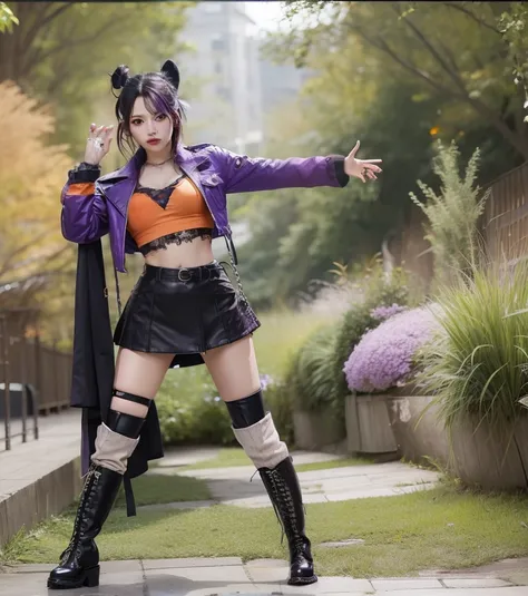 Idols of punk fashion、very large breast、beautiful foot、A dark-haired、a miniskirt、Good Style、、Purple military coat stained with mud、Knee High Long Boots、Purple and orange tops、