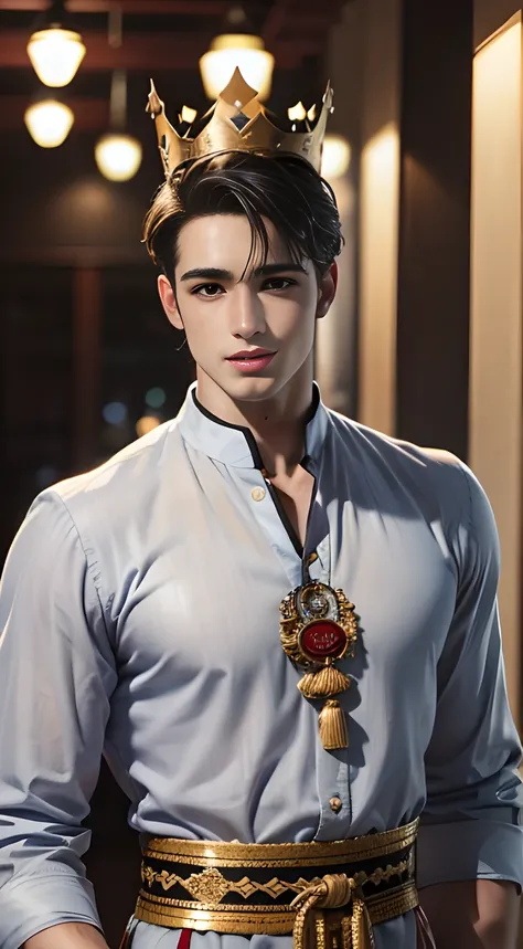 (((Men only))), ((head shot)), (face only), ((Pietro Boselli)),  ((wearing an gray Indonesian traditional costume)), ((wearing a crown on his head)), (Indonesian traditional costume reflects the diverse cultures of the nation, featuring vibrant fabrics, in...