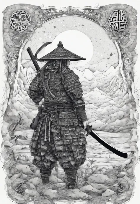 The samurai holds a katana, Starry skies and mist shroud the landscape.