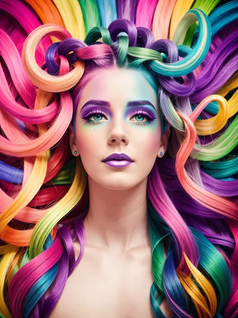 close up shot, woman, with colorful hair, rainbow colored hair, more rainbow colored hair, colorful photo, rainbow hair overlay, beautiful and colorful, best portrait, detailed, photographed, best quality, DSLR