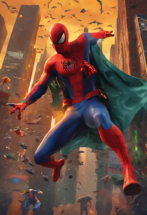 (best quality,4k,8k,highres,masterpiece:1.2),ultra-detailed,HDR,studio lighting,portraits,Spider-Man,Batman,Gourd Dolls,comic book style,dynamic action scenes,vivid colors,gloomy atmosphere,heroic poses,city skyline,revealing superpowers,mask and cape,impr...