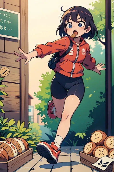 longshot、Kawaii Girl、A cartoonish situation where you run while chewing bread