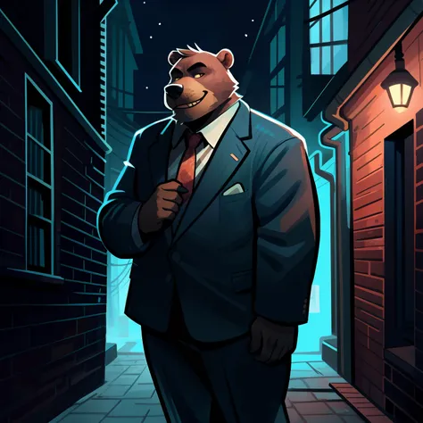 By dramamine, by glitter trap boy, by spikedmauler, by bebebebebe, solo, male, grizzly bear, fat, old, rape face, smirking, blue lighting, dark lighting, night, alleyway, suit