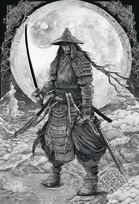 The samurai holds a katana, Starry skies and mist shroud the landscape.