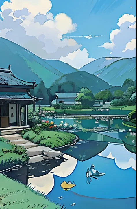 fish pond，with blue sky and white clouds，Rustic，in style of ghibli，Cartoon anime，Tick line，Faraway view