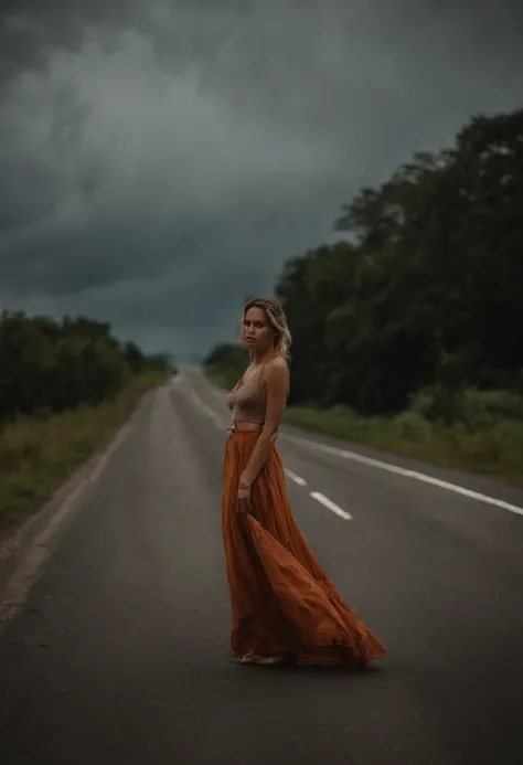 Sexy woman wears long skirt, Walking helplessly on the highway leading to unknown dangers ahead，Dark clouds，Cloudy sky, The Sony A6400 camera uses a 50mm Sigma lens to take pictures from behind,The sky is eerie and the atmosphere is dangerous，terroral，The ...