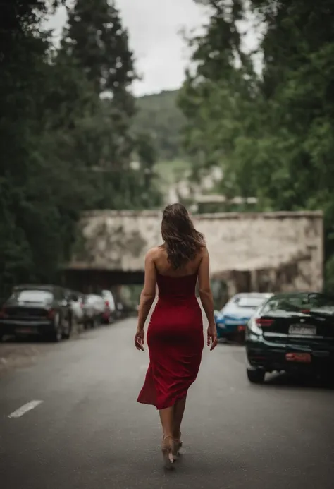 Sexy woman wears long skirt, Walking helplessly on the highway leading to unknown dangers ahead，Dark clouds，Cloudy sky, The Sony A6400 camera uses a 50mm Sigma lens to take pictures from behind,The sky is eerie and the atmosphere is dangerous，terroral，The ...