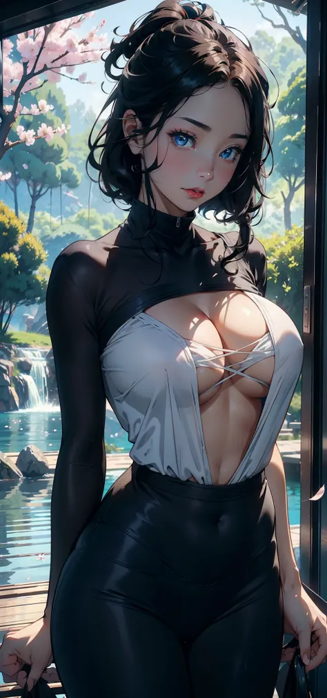 1female，35yo，A MILF，plumw，extremely large bosom， 独奏，（Background with：Cherry blossom forest，Lake，Spectacular views）Deep in the forest， She has very short black hair，bobo head，Station，，seen from the front， hair straight， mostly cloudy sky，（（（tmasterpiece），（V...