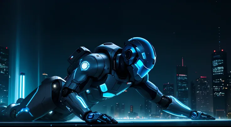 man wearing a robot suit with sophisticated equipment, and blue glows surrounding them, creating the impression of him falling to the ground, night sky with city lights in the background creating dramatic space