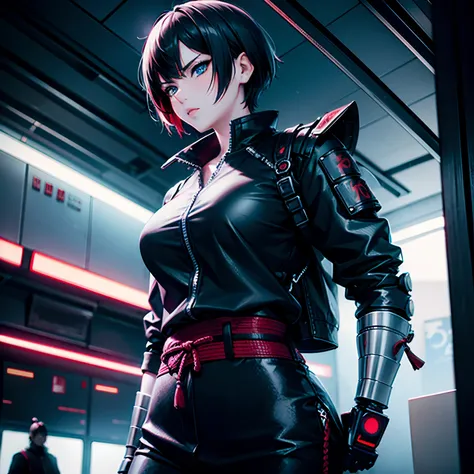 Samurai, katana, girl, sexy, short hair, cyberpunk, robot, blue eye, dark, blood, horse ride