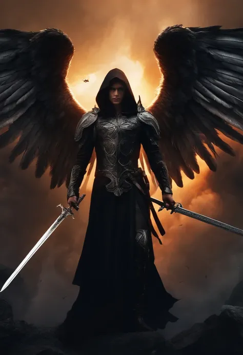 Realistic, 4K, Angels with big wings, Black clothes, one sword, Head hood in war background image (chaos)