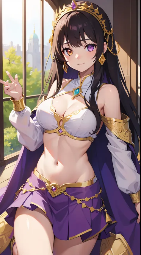 young girl, Long brown hair, Heterochromia, purple and yellow eyes, Smile, purple tight top, Turquoise skirt, open belly, Kings Cape, diadem, Gold Elements, She-ra, Masterpiece, hiquality, 4k, HD, Good detail