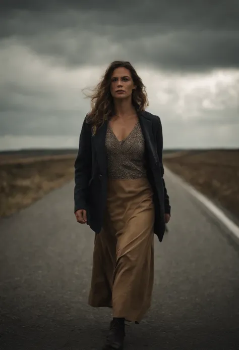 Sexy woman wears long skirt, Walking helplessly on the highway，Leads to unknown dangers ahead，Dark clouds，Cloudy sky, The Sony A6400 camera uses a 50mm Sigma lens to take pictures from behind,The sky is eerie，The atmosphere is dangerous，terroral，The feelin...