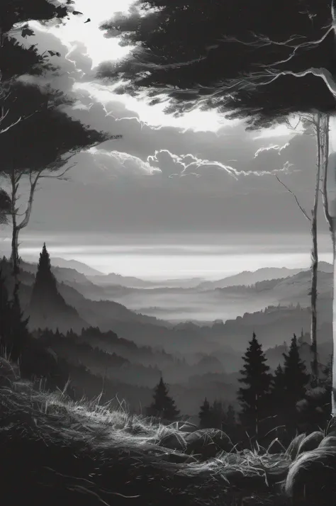 style of anime,Chiaroscuro,, No Man, mist（Close to the ground）, ln the forest, in a panoramic view, hyper HD,Black and white painting style，Simple ，Black trees，rivulets，Sky at the top，Clouds